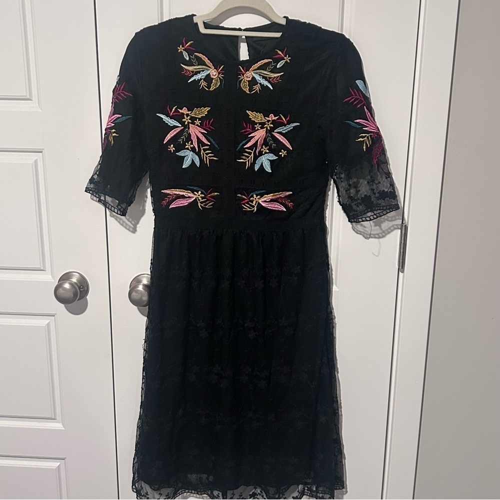ROOLEE Black Dress with Multicolor Lace/Embroidery Size S - Picture 2 of 6